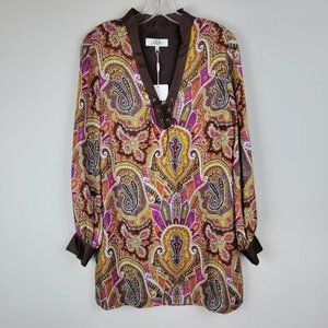 Tibi Silk Brown Pink Paisley Floral Strappy Tie Front Long Sleeves Tunic Dress 8